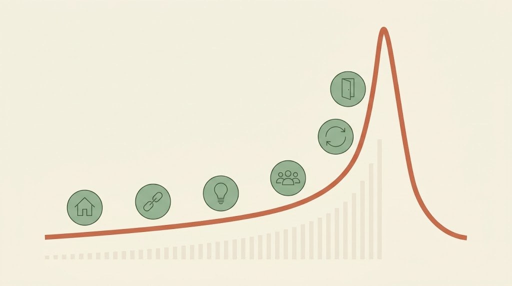 Curva de precios con seis pictogramas que marcan las señales de una burbuja antes de la caída